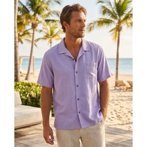 Tommy Bahama Mens XL Silk Short Sleeve Button Up Camp Shirt Purple Hawaiian
